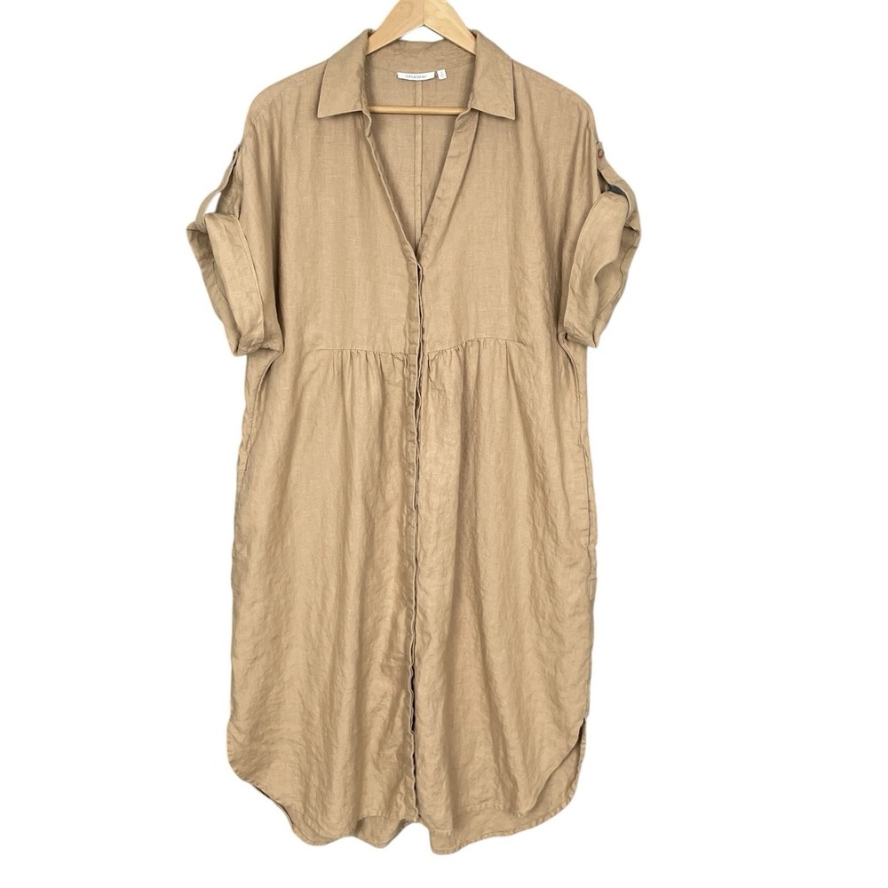 Chicos Minimalist Linen Roll Tab Sleeve Dress Womens 2 12 Euro Summer Coastal